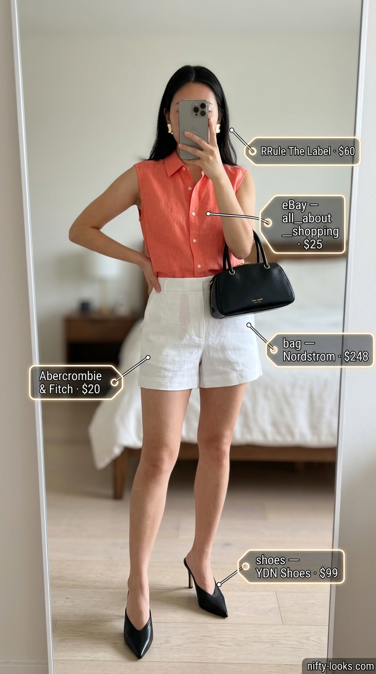 Sophisticated summer linen sleeveless tops 2026: coral blouse with white linen shorts for evening out.