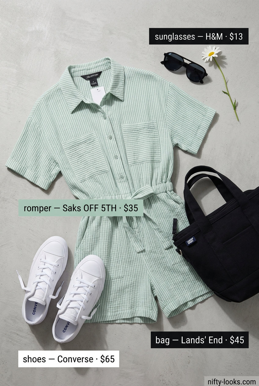 Urban Carnaby Street Romper: khaki utility romper, white sneakers, tote bag. Summer London Outfits for Women 2026.