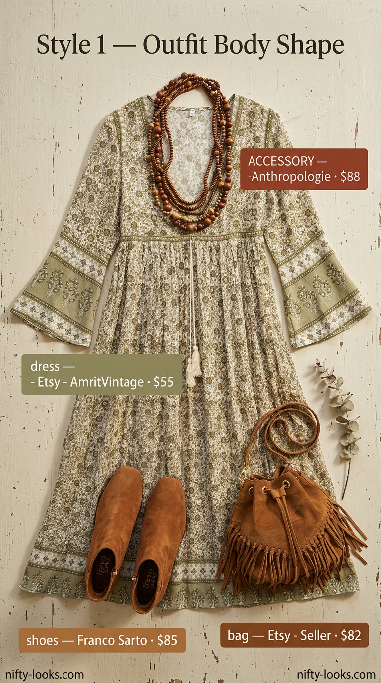 Bohemian Hyde Park Maxi dress: terracotta print, suede boots, layered necklaces. Summer London Outfits for Women 2026.