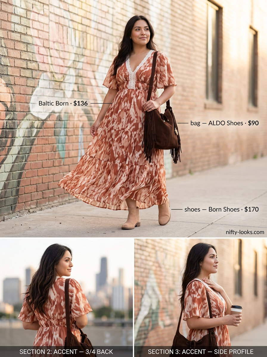Bohemian Kensington Gardens Serenity dress: terracotta floral maxi, suede boots. Summer London Outfits for Women 2026.