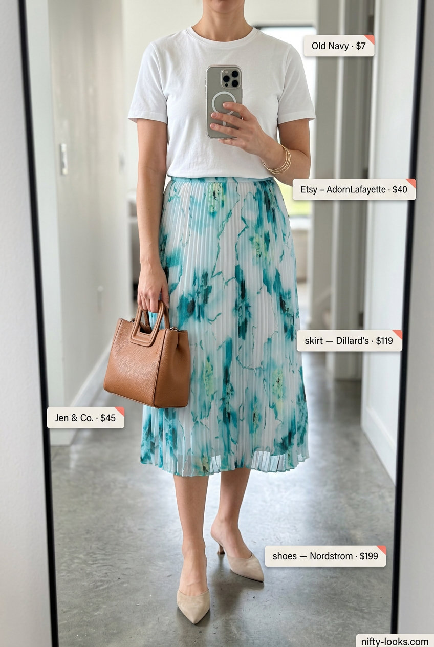 Playful Piccadilly Pleats outfit: floral midi skirt, white tee, nude mules. Summer London Outfits for Women 2026.