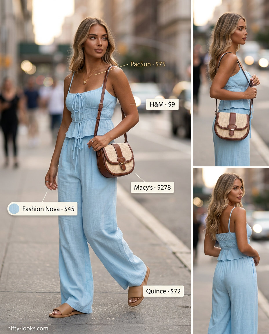 Chic Regent's Park Promenade set: light blue linen pants & shirt, slides. Summer London Outfits for Women 2026.