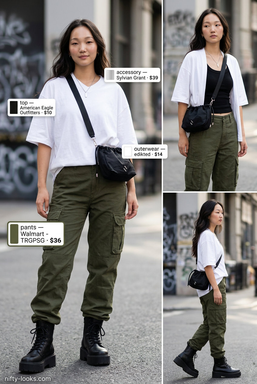 Edgy Shoreditch street style outfit: olive cargo pants, graphic tee, combat boots. Summer London Outfits for Women 2026.