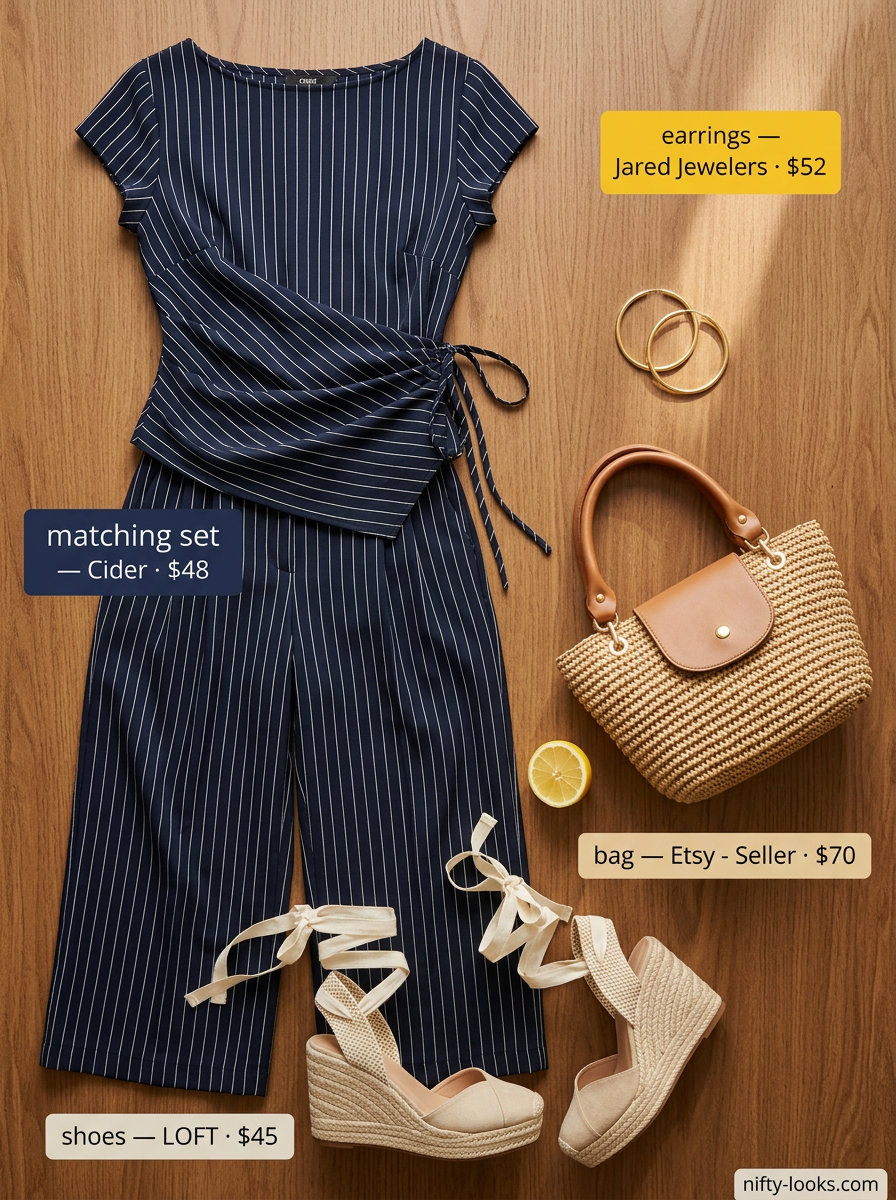 Chic Southbank Stripe Set: navy & white linen crop top & pants, espadrilles. Summer London Outfits for Women 2026.