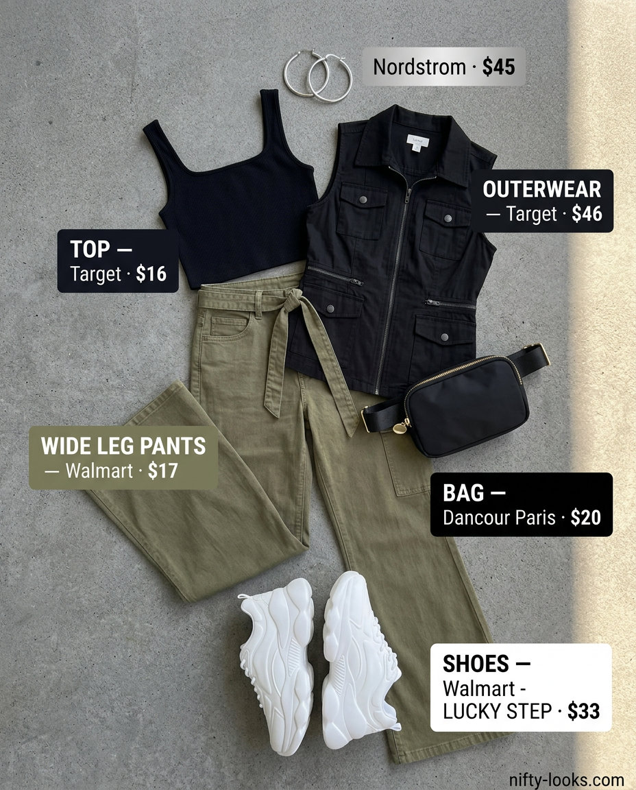 Trendy West End Wide Leg outfit: olive cargo pants, cropped tank, sneakers. Summer London Outfits for Women 2026.