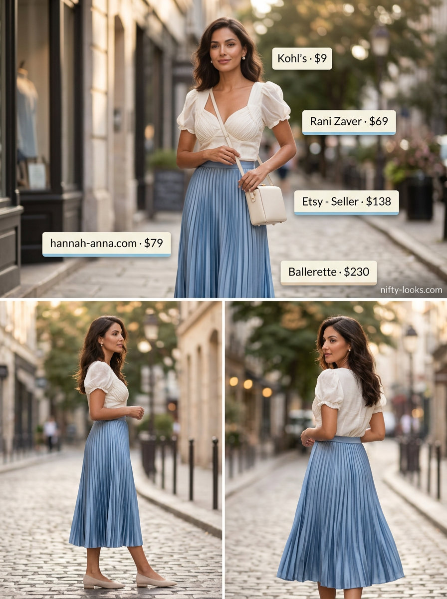 Blue satin skirt, ivory blouse, ballet flats. Elegant Summer London outfits for women 2026 for tea.