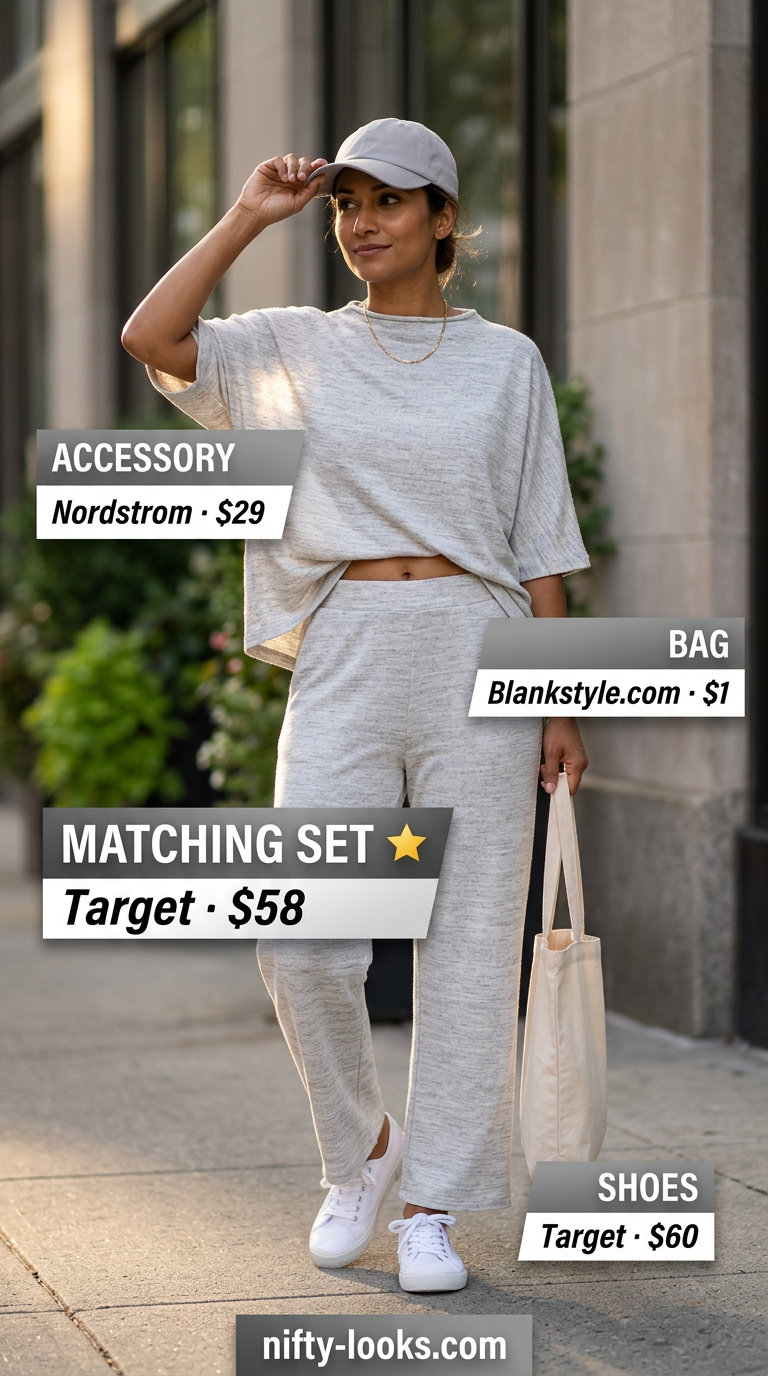 Grey knit set, canvas sneakers, baseball cap. Comfortable Summer London outfits for women 2026 for errands.