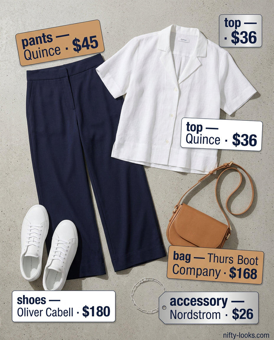 Summer London Outfits for Women 2026: Navy wide-leg pants, white shirt, sneakers for city exploration.