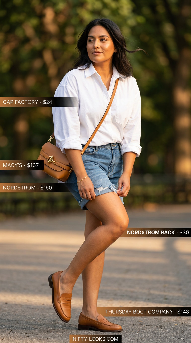 Summer London Outfits for Women 2026: Denim shorts, white shirt, loafers for city park picnic.