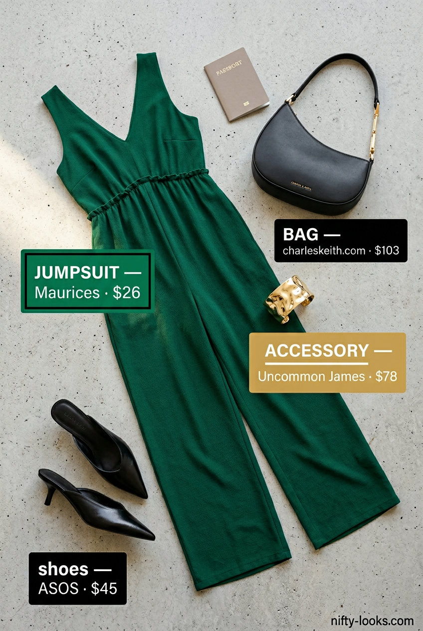 Summer London Outfits for Women 2026: Emerald green wide-leg jumpsuit, gold bracelet, heeled mules for evening.