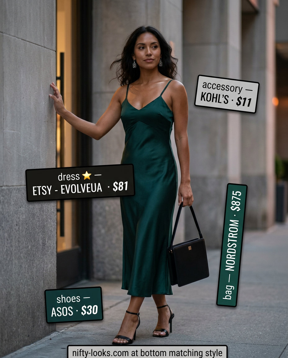 Summer London Outfits for Women 2026: Emerald green slip dress, silver earrings, heeled sandals for gallery opening.