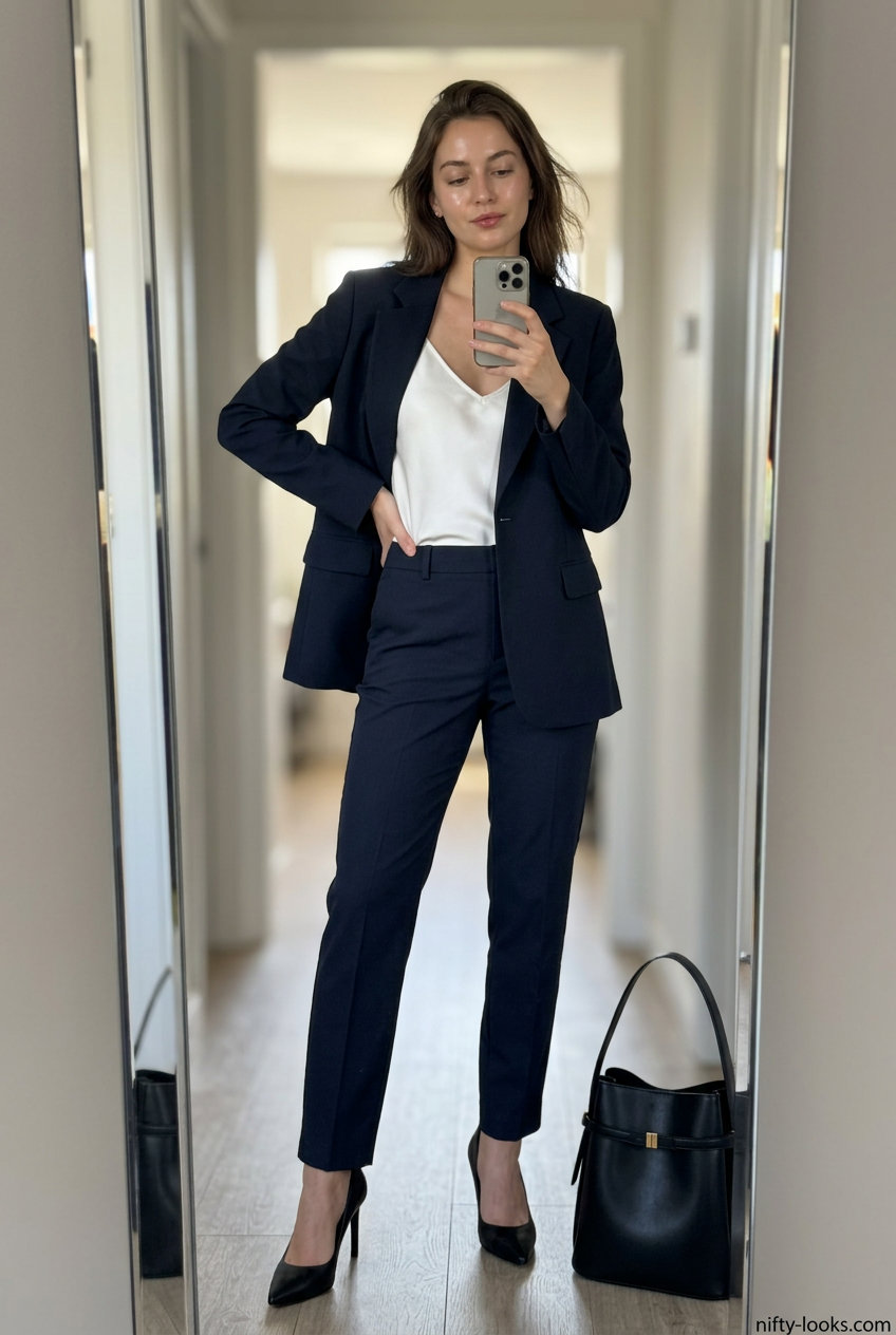 Navy blazer, black trousers, ivory camisole. Chic Summer London outfits for women 2026, ideal for evening events.
