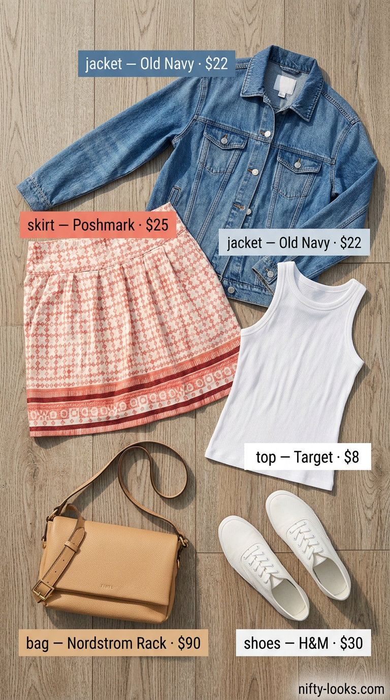 Summer London Outfits for Women 2026: Coral geometric skirt, white tank, denim jacket for market exploration.