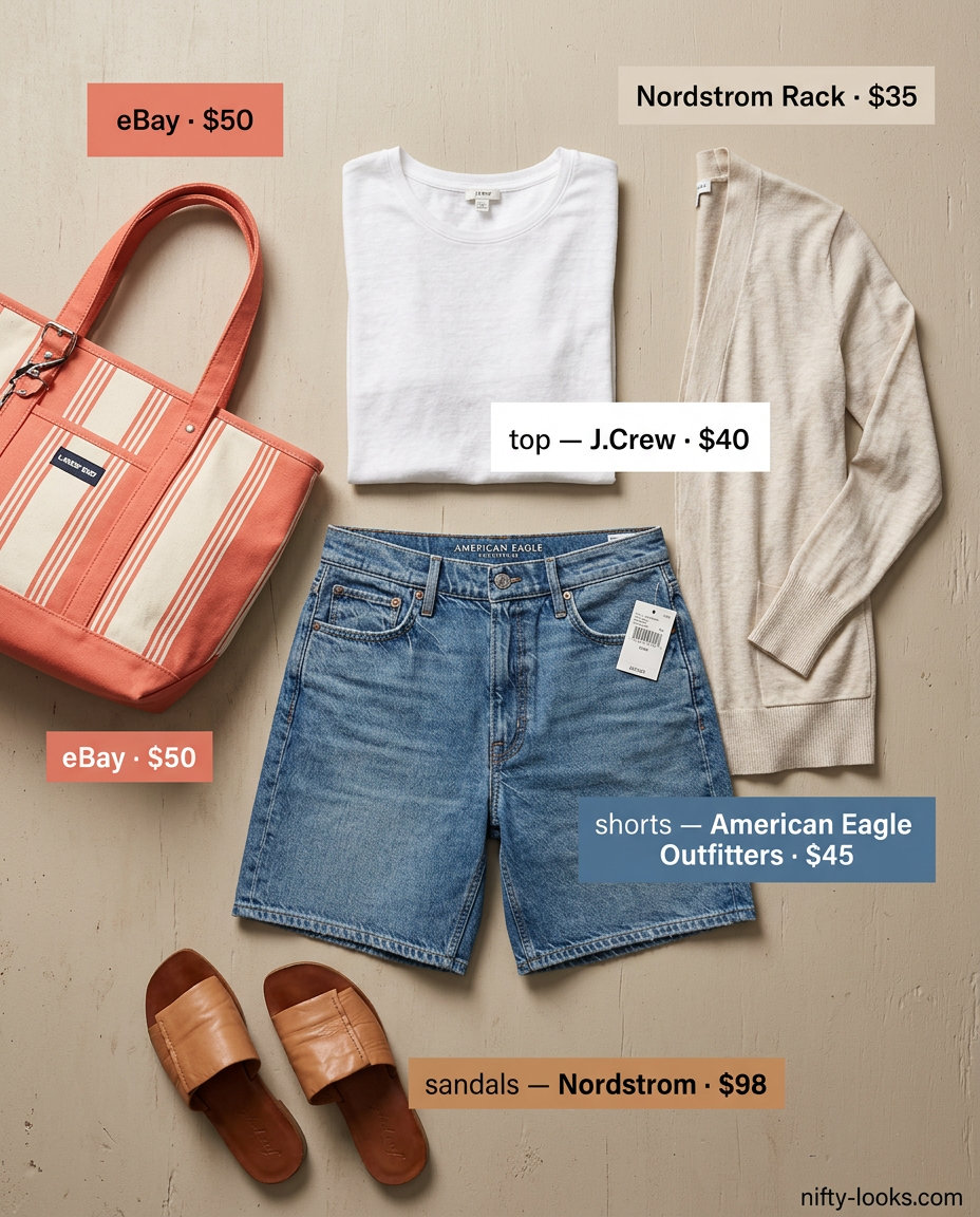Denim shorts, white tee, open-knit cardigan. Relaxed Summer London outfits for women 2026 for markets.