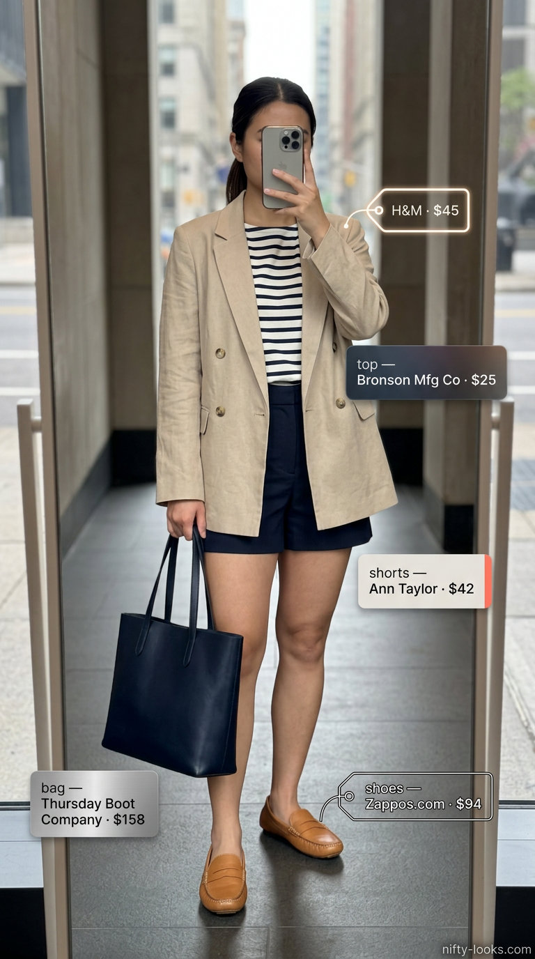 Navy shorts, Breton top, beige blazer. Preppy Summer London outfits for women 2026 for casual days.