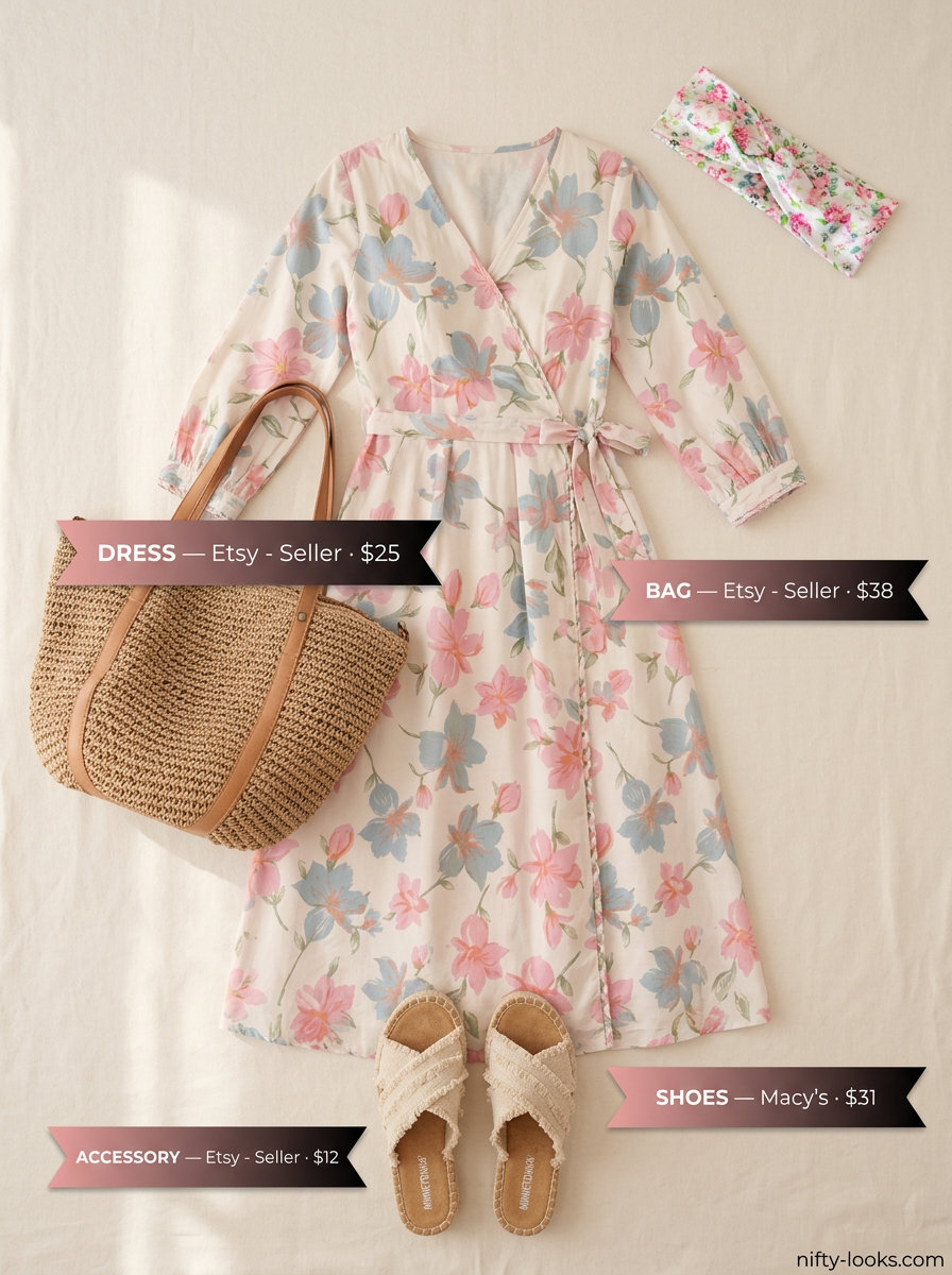 Summer London Outfits for Women 2026: Pastel floral midi wrap dress, straw tote, espadrilles for picnic.