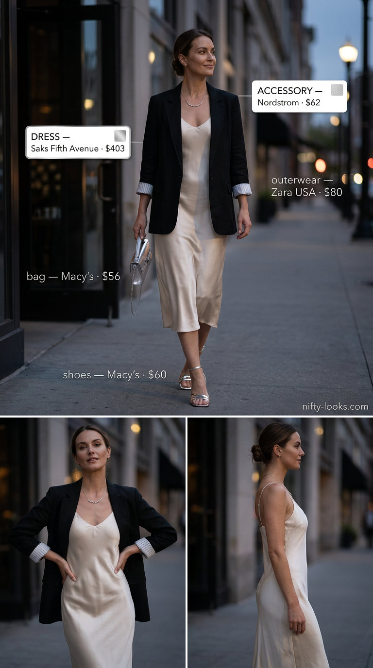 Champagne slip dress, black blazer, silver sandals. Glamorous Summer London outfits for women 2026 for evenings.