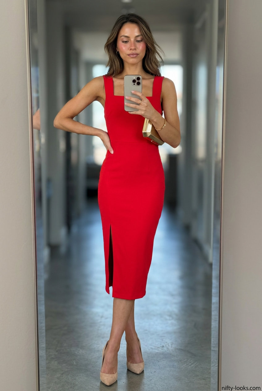 Summer London Outfits for Women 2026: Bright red sheath dress, gold accessories, metallic clutch for summer soirée.