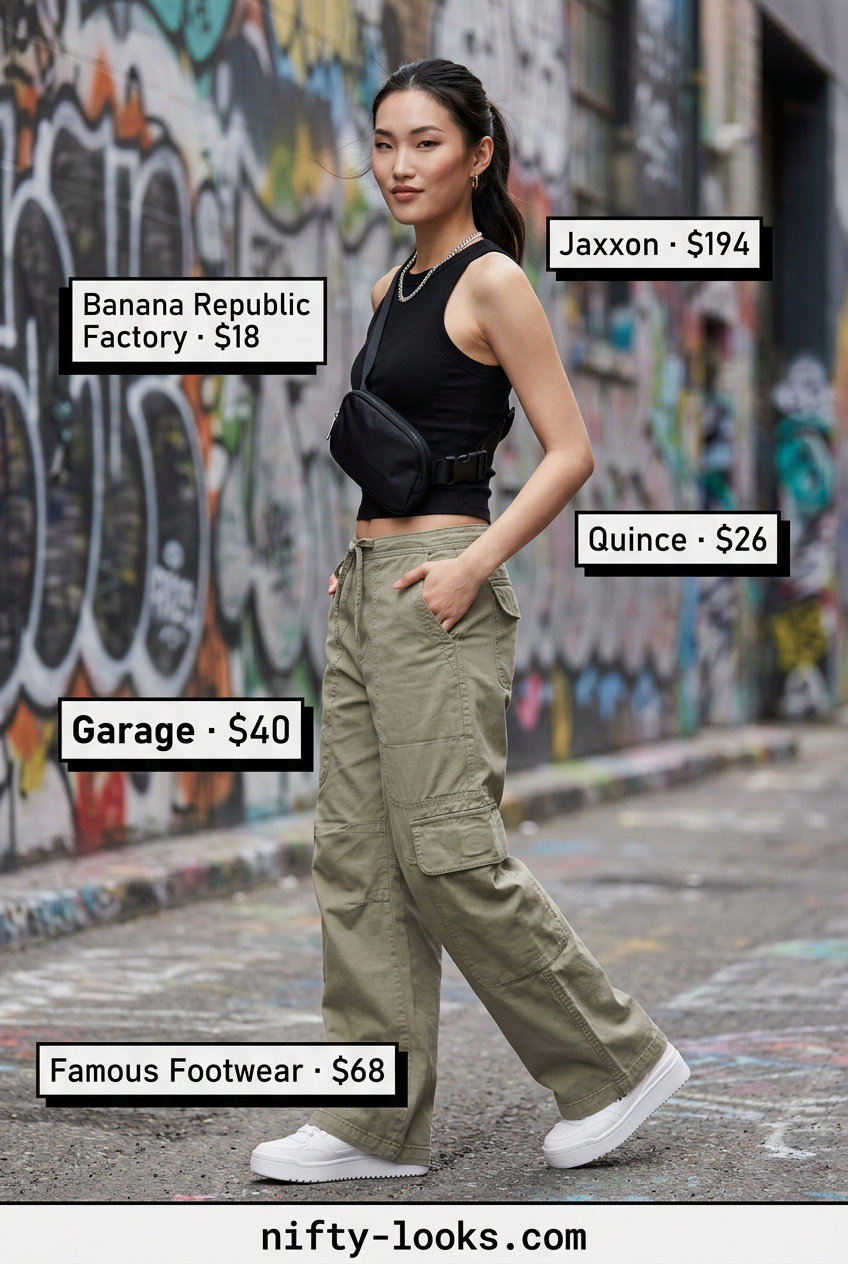 Khaki green cargo pants, white tank top, chunky sneakers. Summer London outfits for women 2026, perfect for city exploring.