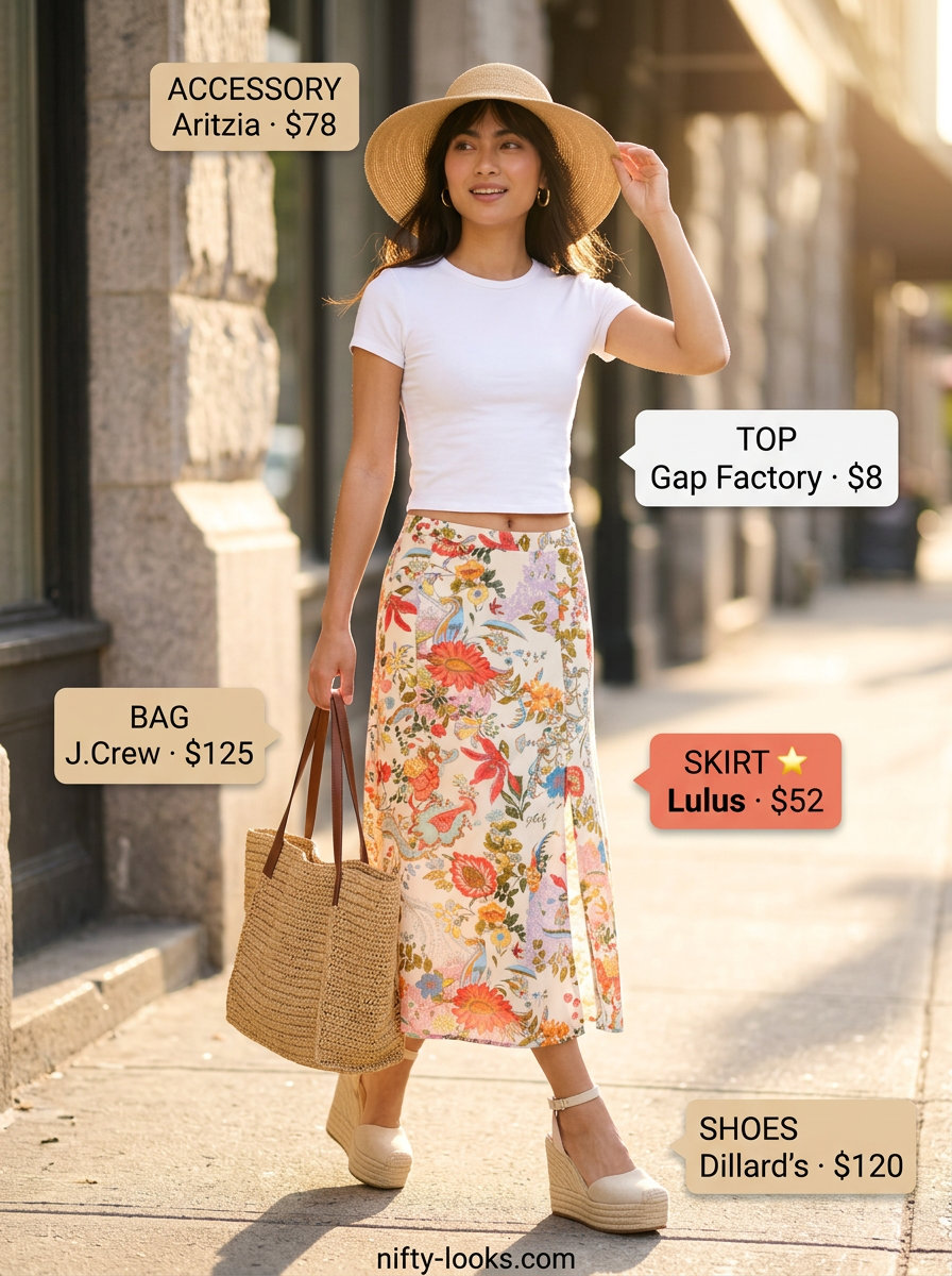 Floral midi skirt, white tee, espadrilles. Feminine Summer London outfits for women 2026 for brunch.