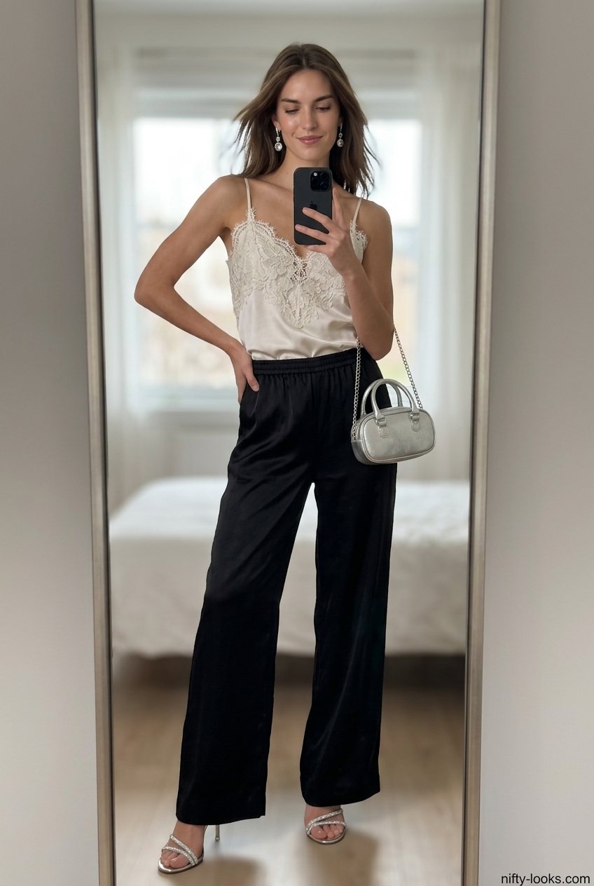 Black satin wide-leg summer low-waist trousers for women 2026 with camisole and crystal earrings.