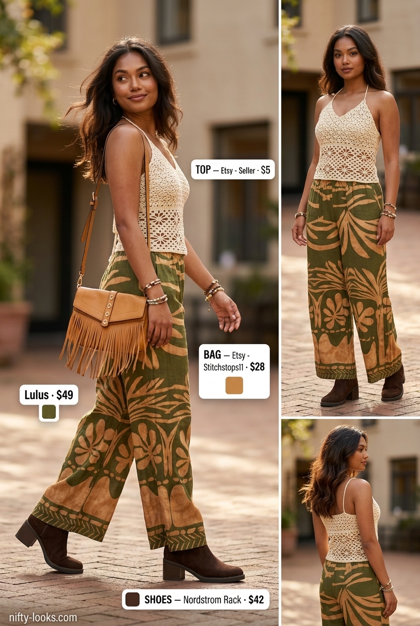 Brown printed low-waist linen trousers for women 2026 styled boho with a crochet top, fringe bag, and ankle boots.