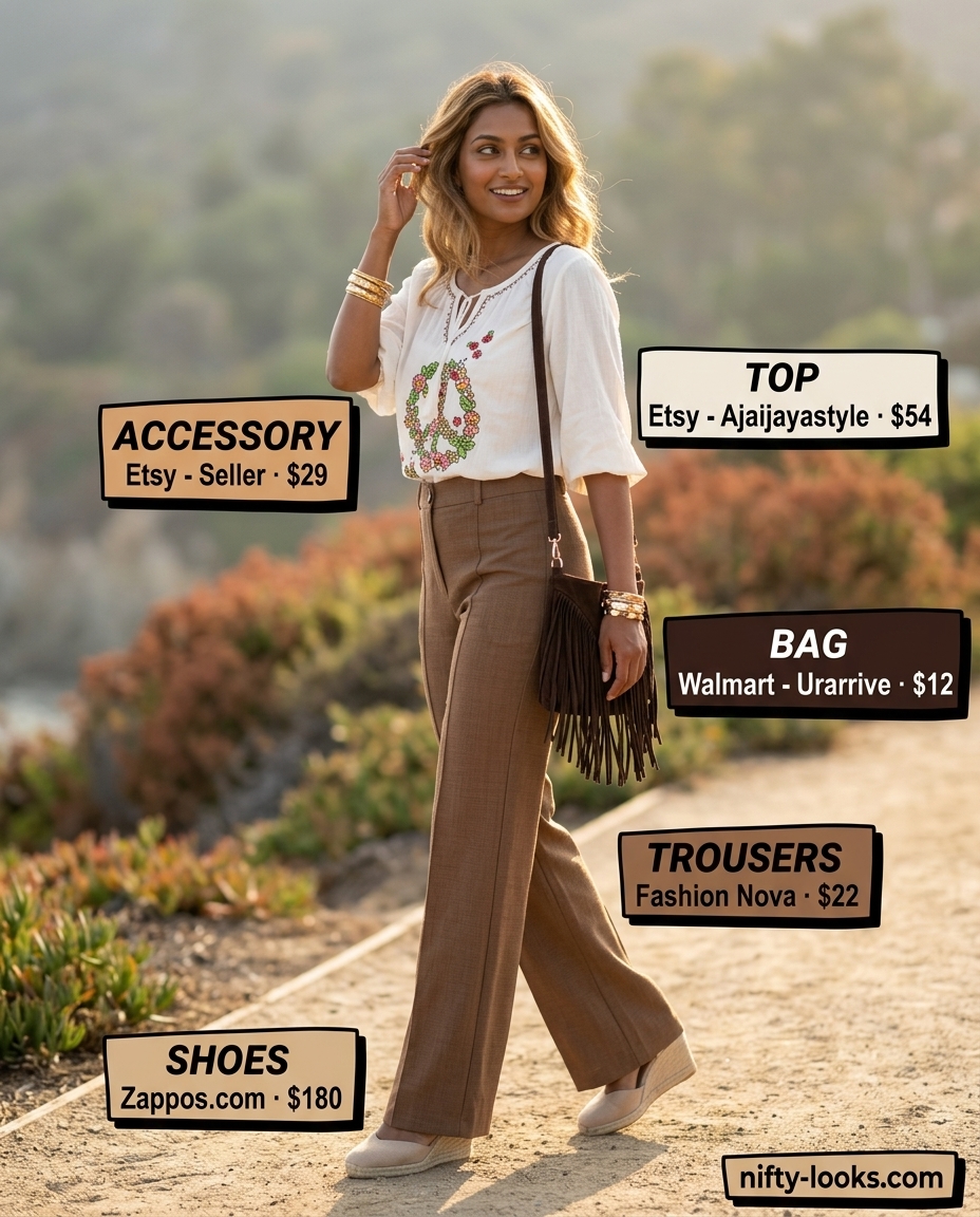 Boho ivory low-waist trousers for women 2026 with a peasant blouse, fringe crossbody, and espadrilles for a summer festival.