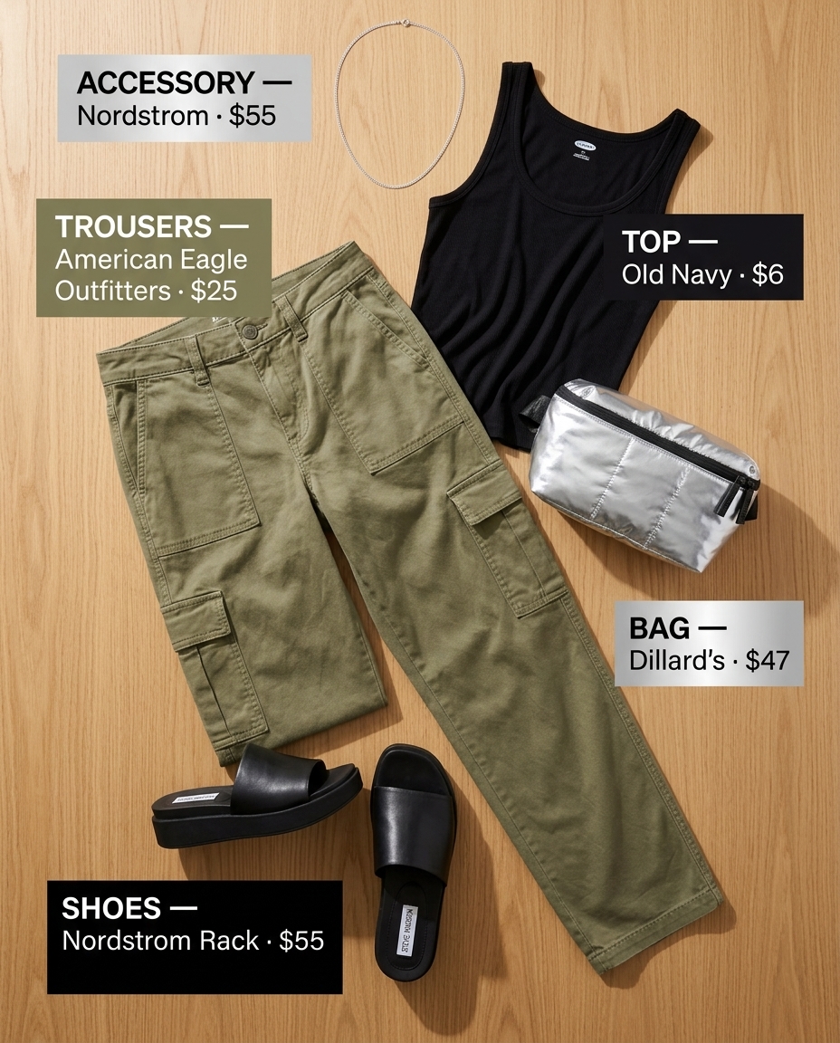 Khaki low-waist linen cargo trousers for women 2026 with a black tank, silver belt bag, and chunky slides for a cool casual look.