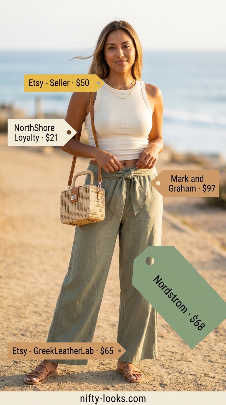 Sage green high-waisted linen trousers for women 2026, styled casually with a cream tank and straw bag for a coastal vibe.