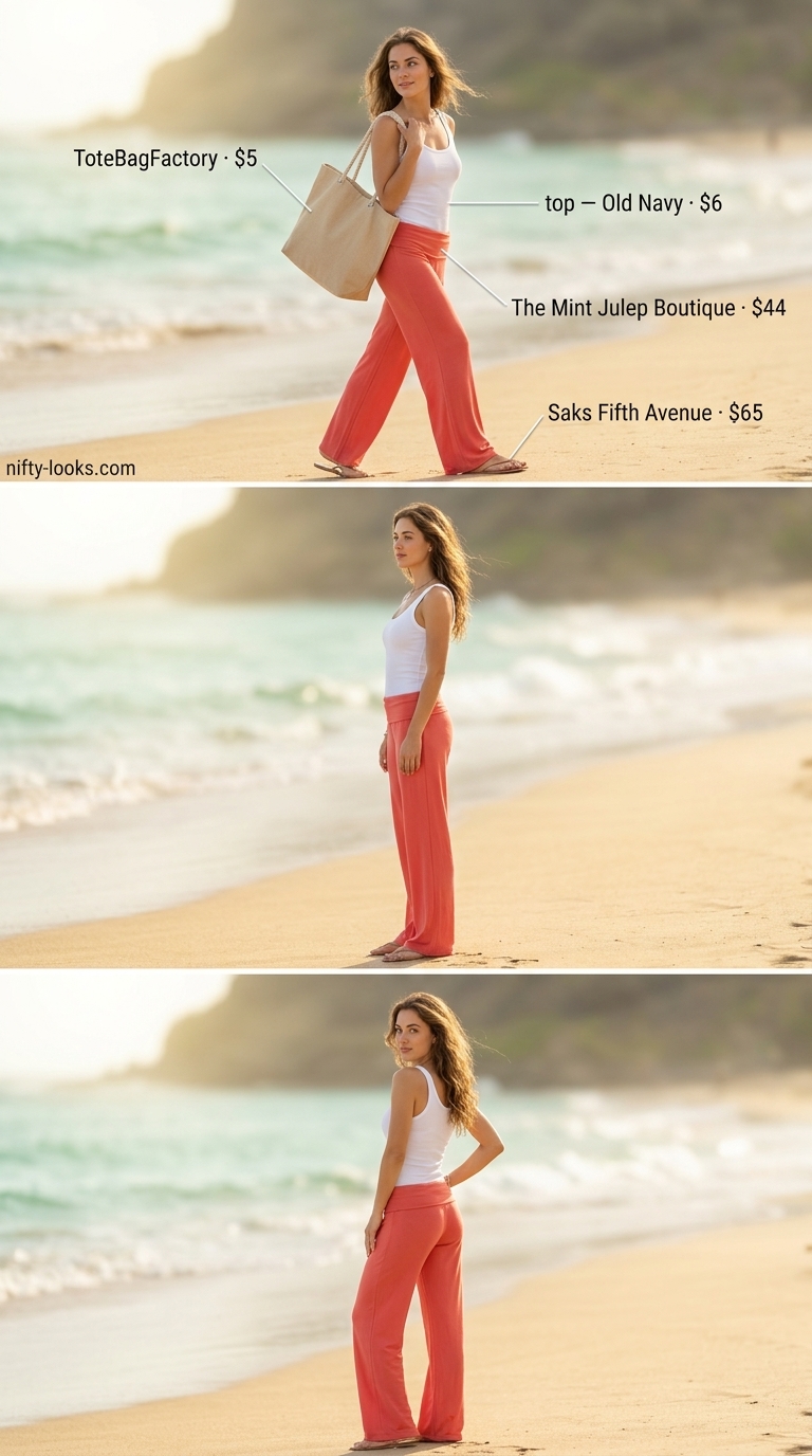 Coral wide-leg summer low-waist trousers for women 2026 with white tank and straw hat for casual day.