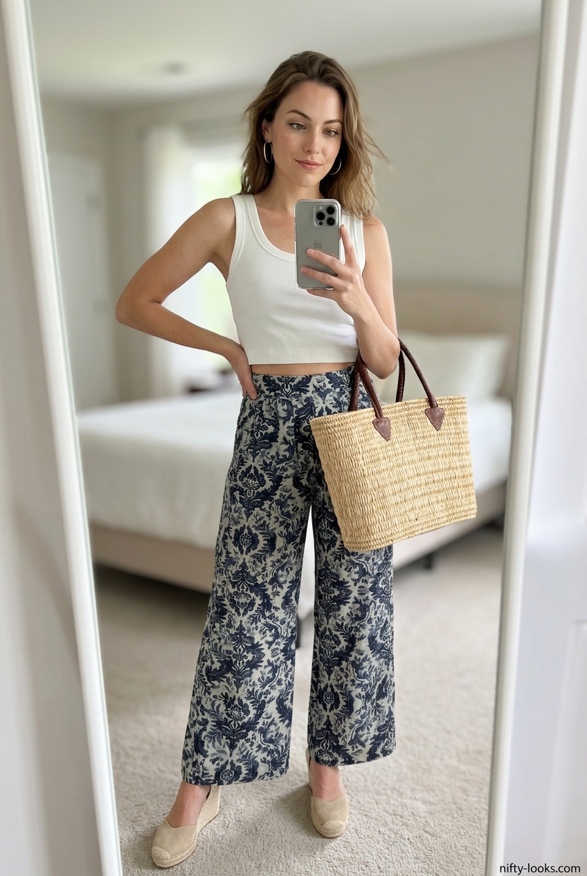 White printed low-waist trousers for women 2026 styled for vacation with a cropped tank, espadrilles, and straw tote.