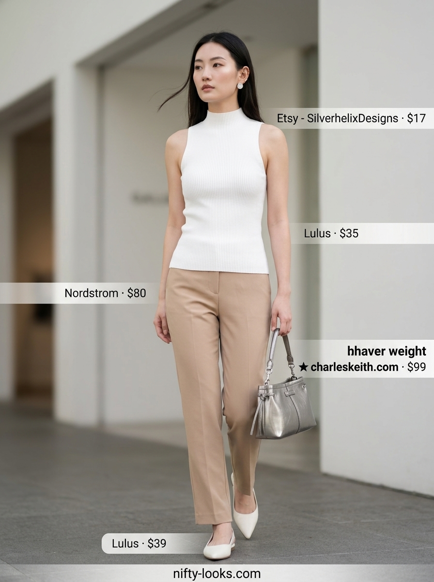 Beige low-waist trousers for women 2026 styled minimally with a white mock-neck top, silver bag, and slingbacks for smart casual.