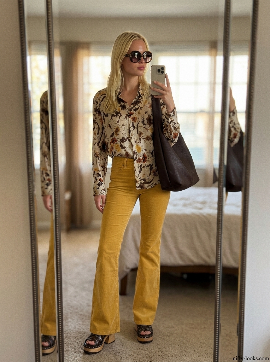 Mustard yellow high-waisted flare-leg trousers for women 2026 with retro blouse and sunglasses.