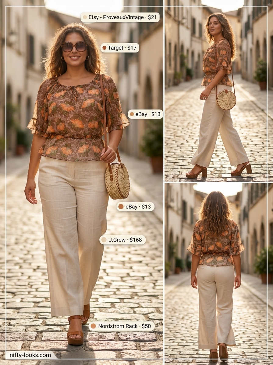 Mustard yellow linen low-waist trousers for women 2026 with vintage blouse and platform sandals.