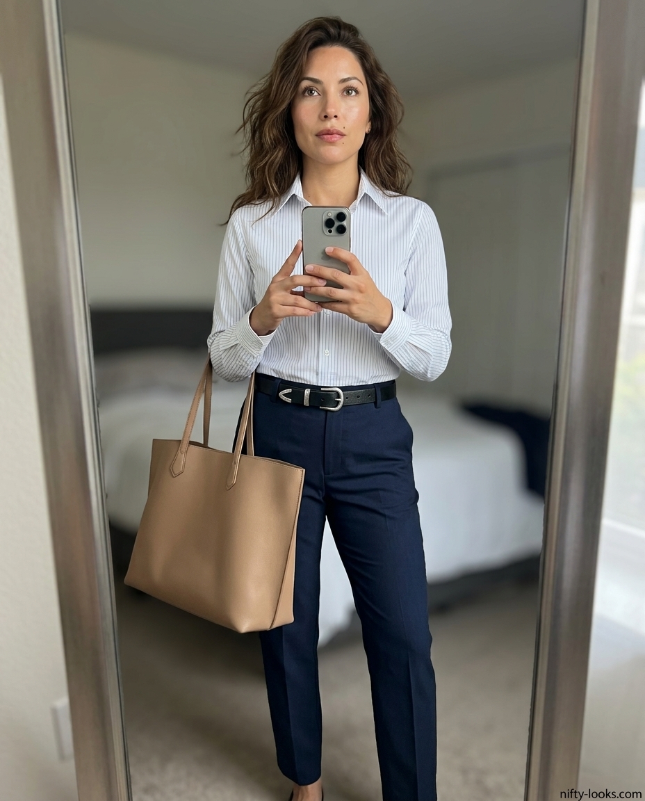 Navy blue slim-fit summer low-waist trousers for women 2026 with striped shirt and loafers.