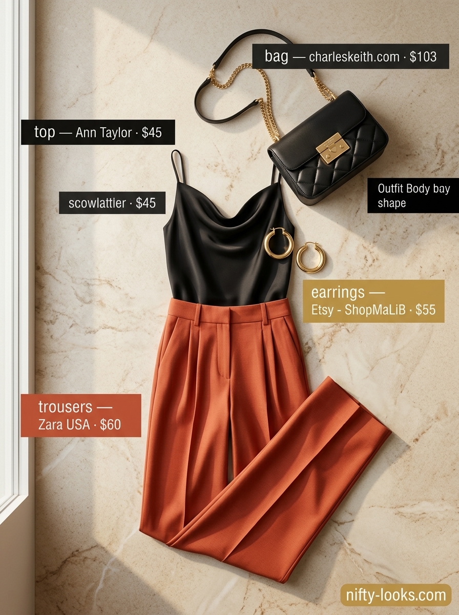 Terracotta orange linen trousers for women 2026 with satin camisole and heeled sandals.