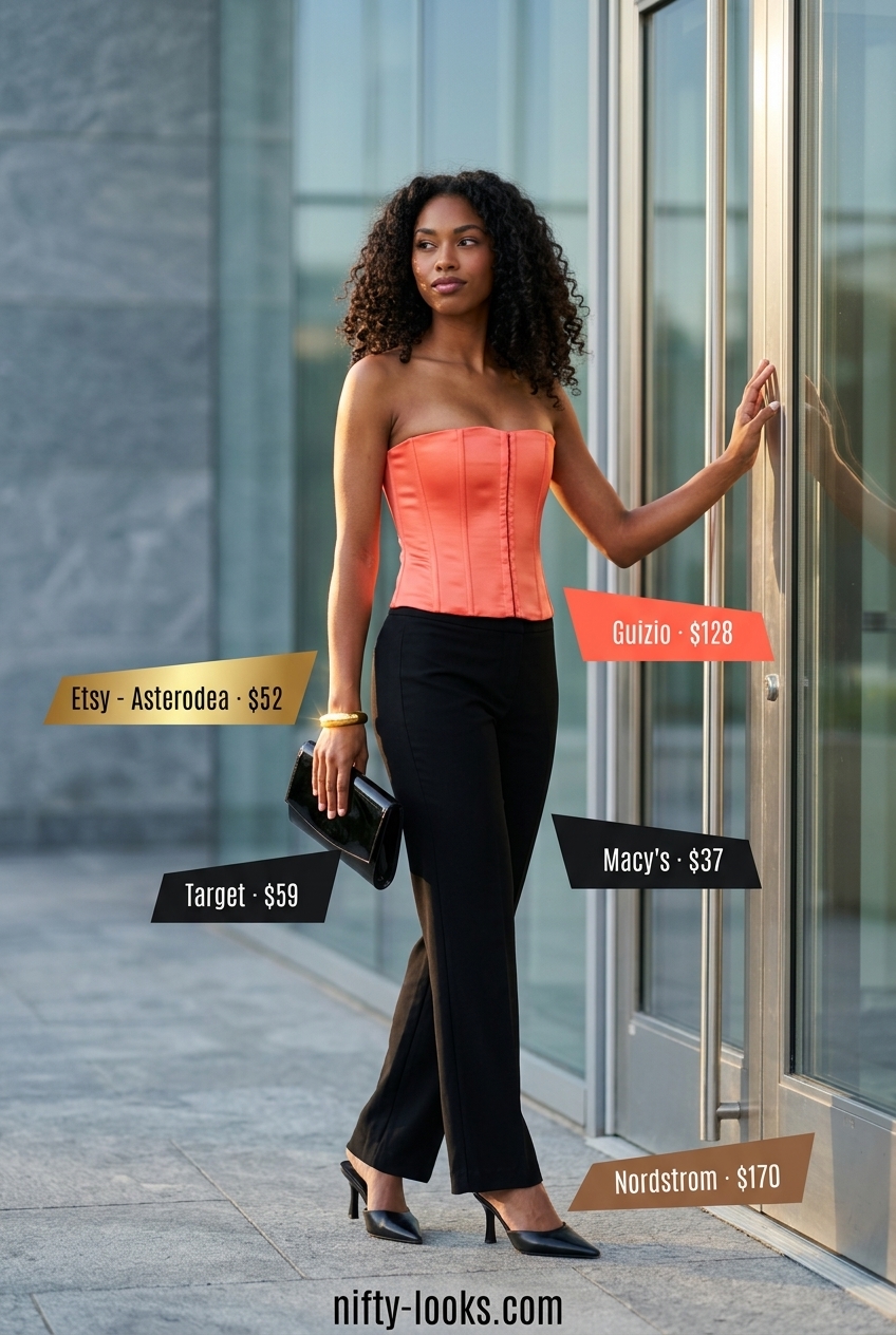 Black tailored low-waist trousers for women 2026 styled for evening with a coral corset top, mules, and gold cuff.