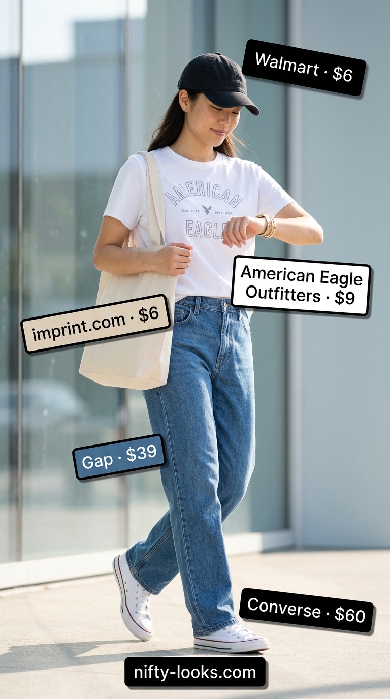 Denim low-waist trousers for women 2026 styled casually with a graphic tee, canvas tote, and sneakers for weekend wear.