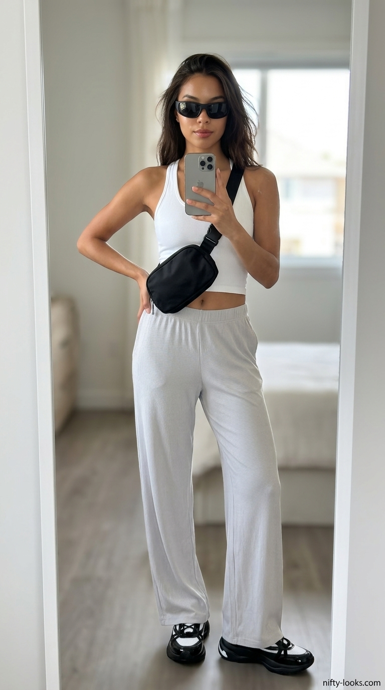Athleisure summer outfit with grey knit wide-leg trousers, white crop top, and sporty sneakers for 2026.