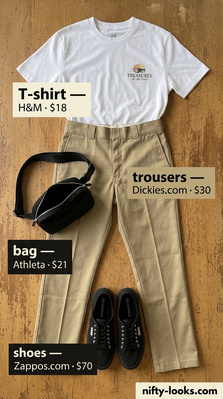 Casual summer day outfit with khaki chino trousers, white graphic tee, and black canvas sneakers for 2026.