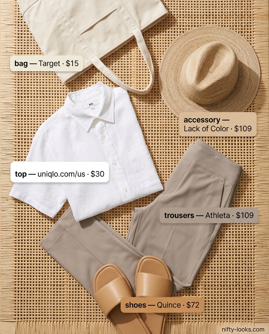 Casual weekend outfit featuring summer low-waist trousers for women 2026, white linen shirt, denim shorts, and tan sandals.