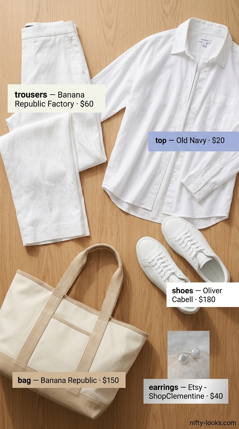 Coastal breeze outfit with ivory linen trousers, light blue button-down shirt, and white sneakers for summer 2026.