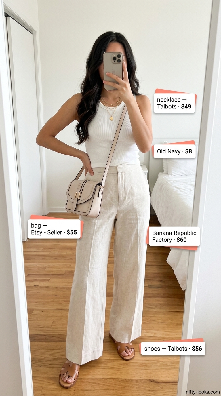 Coastal breeze outfit with ecru high-waist linen trousers, white ribbed tank, and tan leather slides for summer 2026.