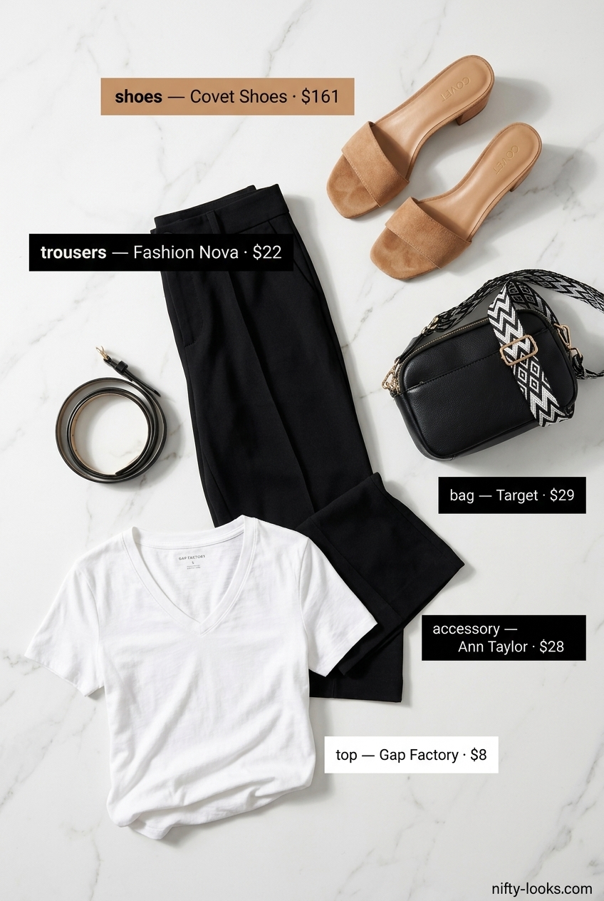 Modern minimalist outfit with summer low-waist trousers for women 2026, white tee, black belt, and tan block heels.