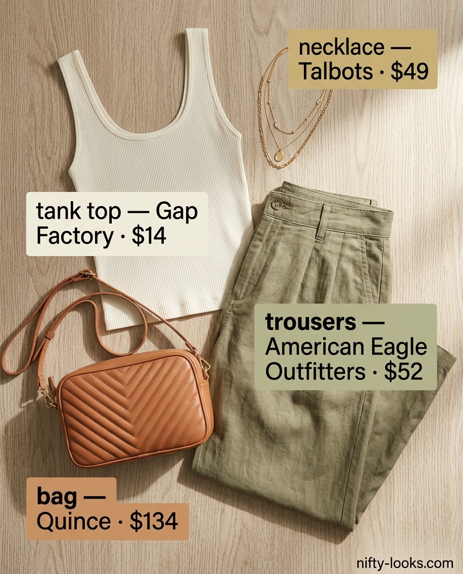 Urban oasis outfit with olive green low-waist wide-leg trousers, cream tank top, and tan leather slides for 2026.