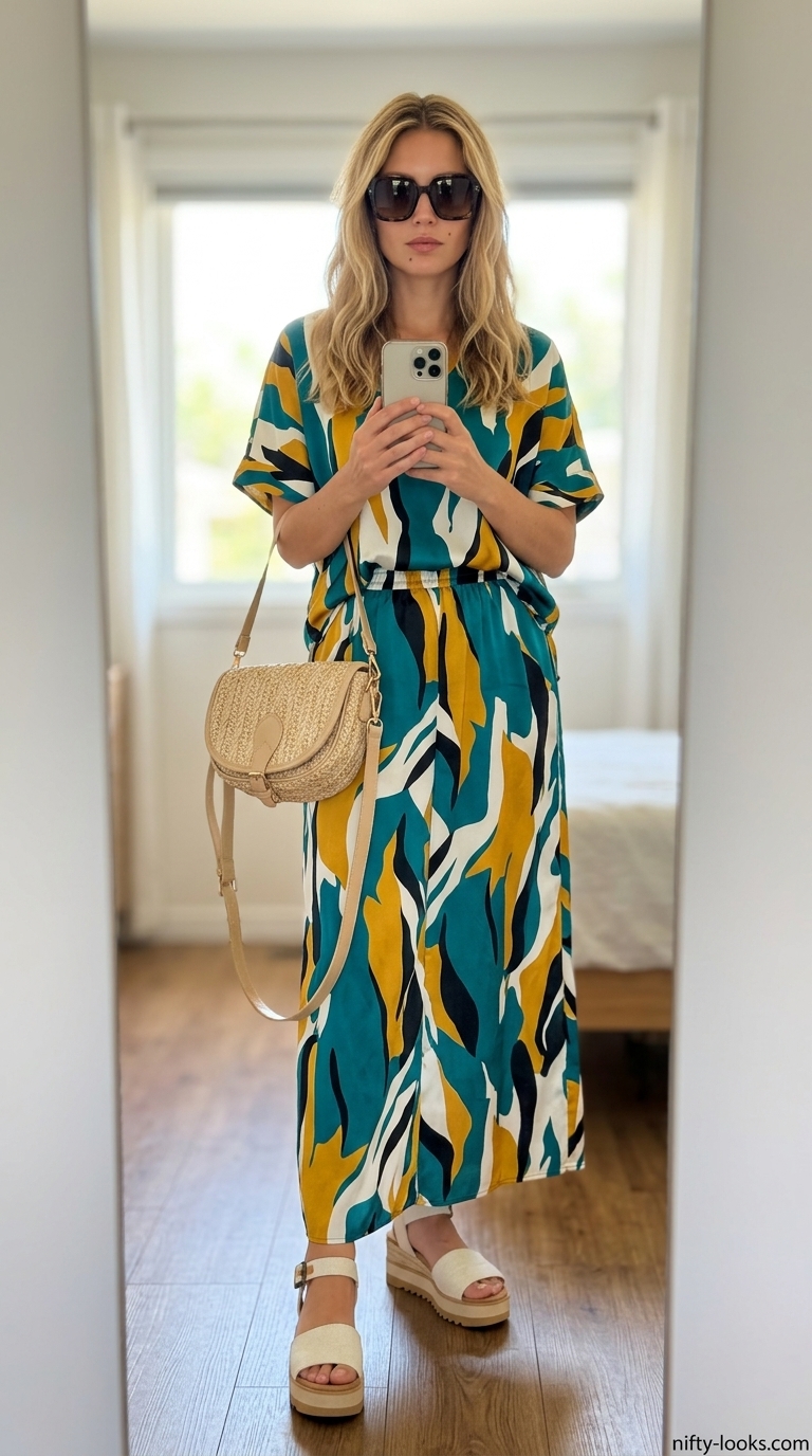 Artistic summer matching set co-ord outfits for women 2026: abstract print top & midi skirt for vacation.