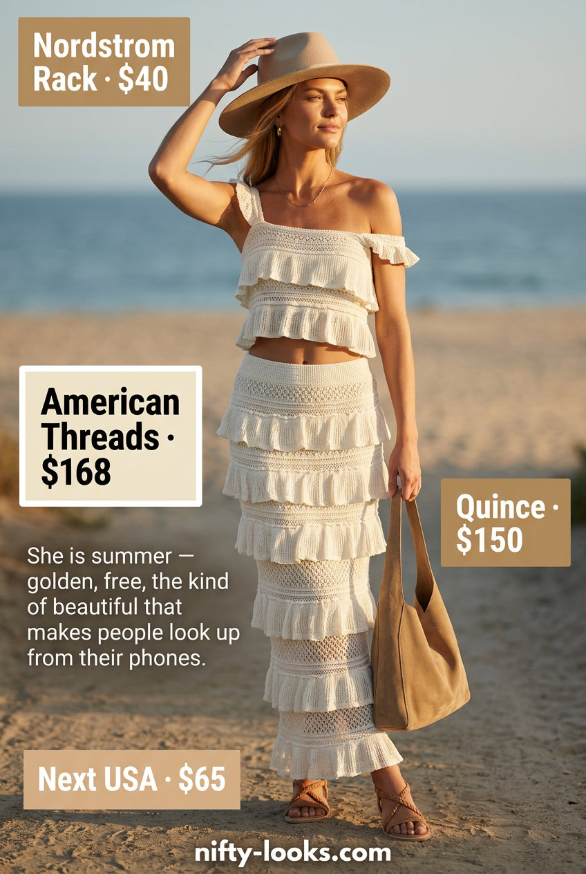 Ecru crochet matching set co-ord outfits for women 2026, perfect for beach festivals and summer concerts.