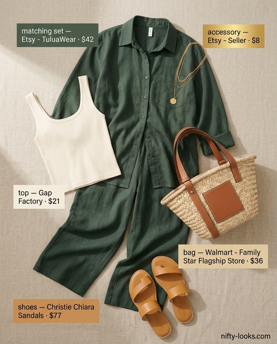 Relaxed summer matching set co-ord outfits for women 2026: sage green linen shirt & wide-leg pants for vacation.