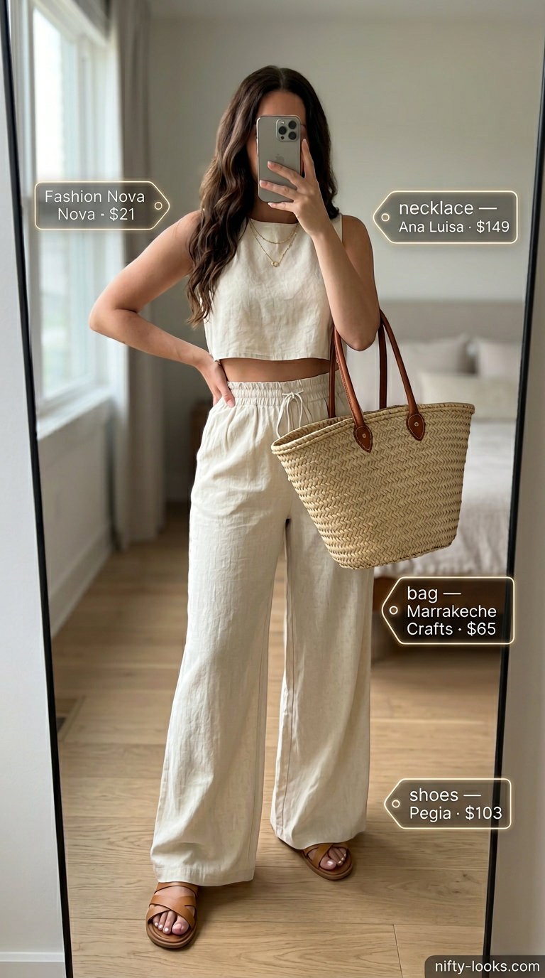 Cream linen matching set co-ord outfits for women 2026, perfect for beach days and summer vacations.