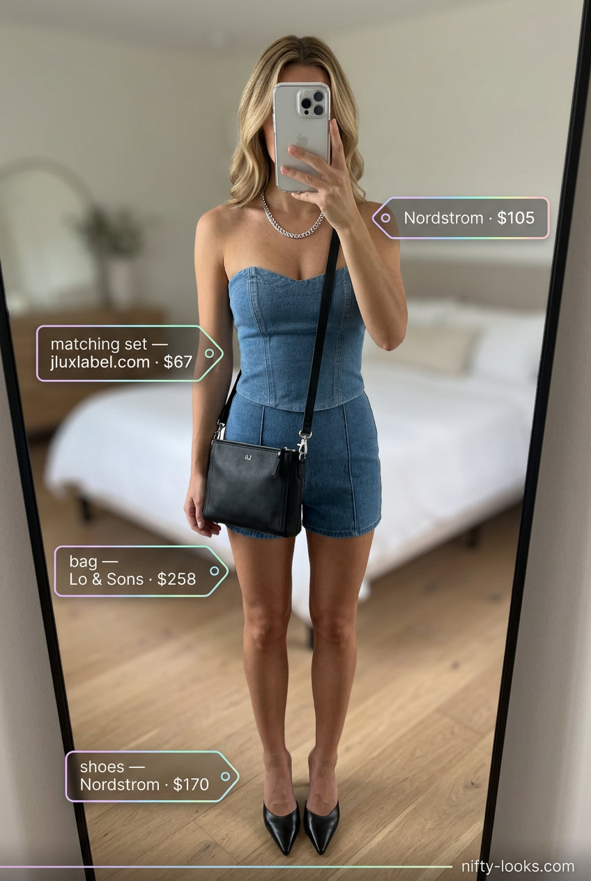 Medium wash denim matching set co-ord outfits for women 2026, for chic evening outs and art gallery visits.